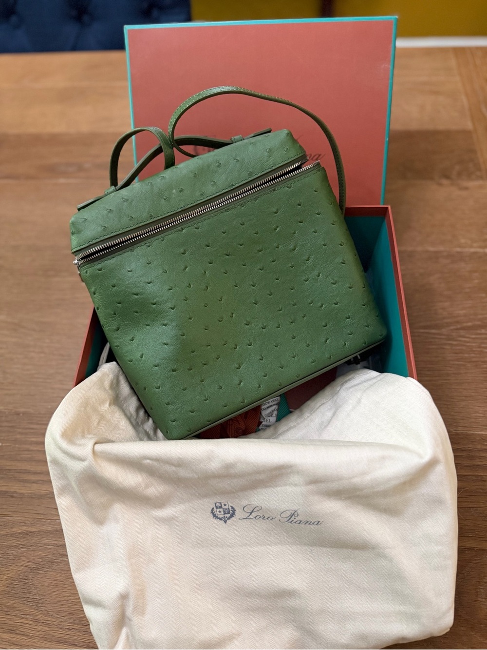 Loro Piana Green Ostrich Leather Backpack Crossbody